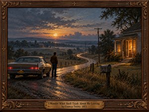 A solitary man stands beside a vintage car on a winding country road at dusk, contemplating departure. Warm farmhouse lights contrast with misty blue hills and a fading amber sky. Rich oil painting textures, reflective pavement, and an ornate carved wooden frame with an engraved brass plate evoke nostalgic melancholy.