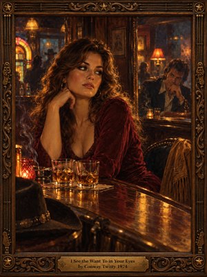 A thoughtful woman in burgundy velvet sits at a smoky country bar as a distant man watches her. Amber lamplight gleams on whiskey glasses, polished wood, and a glowing jukebox. Deep shadows and rich oil-painted textures convey restrained longing. An ornate carved wooden frame surrounds the scene, finished with an engraved brass title plate.
