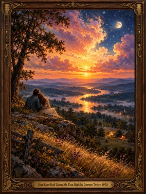 A loving couple rests on a rocky overlook above a misty river valley, surrounded by wildflowers and golden grasses. Radiant orange clouds rise into a starry blue sky beneath a glowing moon. Rich oil brushwork creates warmth and romance, while an ornate wooden frame with brass guitar details completes the nostalgic scene.