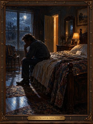 A sorrowful man sits hunched beside an empty bed in a rustic bedroom, surrounded by midnight blues and warm amber light. Rain streaks moonlit windows while an open doorway suggests departure. Rich oil brushwork captures loneliness and regret, enclosed within an ornate walnut frame featuring bronze accents and an engraved brass titleplate.