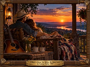 A cowboy-hatted man holds a woman close on a rustic porch overlooking a peaceful river valley at sunset. Golden light illuminates an acoustic guitar, lantern, wildflowers, mugs, and patchwork quilt. Warm amber and violet tones create a tender, nostalgic atmosphere, enclosed within an ornate wooden and brass guitar-inspired frame.