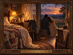 A tender couple sits together beside an open farmhouse doorway, watching a rose and violet sunset over peaceful fields. Golden lamplight illuminates a quilted bed, lace curtains, wildflowers, and worn cowboy boots. Rich oil brushwork creates nostalgic warmth, while an ornate carved wooden frame and brass title plate complete the romantic scene.
