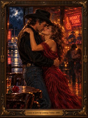 A cowboy and a woman in a flowing crimson dress embrace inside a glowing honky-tonk, their faces nearly touching. Amber neon warms the intimate scene while moonlit rain and blue shadows fill the street beyond. Rich oil brushwork, dancing figures, a red rose, and an ornate guitar-trimmed frame deepen the romantic atmosphere.