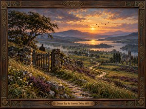 A solitary man overlooks a misty countryside valley beneath a glowing amber sunset. A winding stone path leads past wildflowers, ancient walls, and a distant church. Rich greens, lavender, and golden light create a nostalgic, mournful atmosphere. Expressive oil brushwork and an ornate Celtic-inspired wooden frame complete the composition.