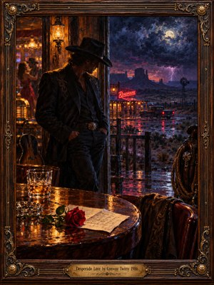 A solitary cowboy stands in a shadowy roadhouse doorway, contemplating a stormy desert night. Warm amber lamplight contrasts with violet skies, distant lightning, and glowing neon. A red rose, handwritten letter, and whiskey glass suggest forbidden romance. Rich oil textures and an ornate wooden frame deepen the melancholy atmosphere.