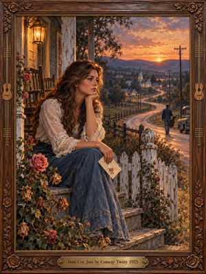 A wistful young woman sits on a weathered country porch holding a letter, watching a distant figure depart along a winding road. Golden sunset light warms blooming and fading roses, rustic fences, and a quiet village. Rich oil painting textures evoke bittersweet nostalgia, enclosed within an ornate carved wooden frame.