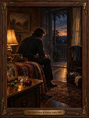 A solitary man sits hunched in a rustic bedroom, contemplating fading love beneath warm amber lamplight. An open doorway reveals a dusky blue sunset, while a packed suitcase, framed photograph, and wilted rose suggest heartbreak. Rich oil textures, deep shadows, and an ornate carved wooden frame evoke country nostalgia.