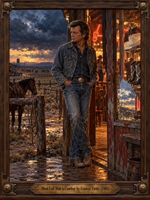 A weathered man in faded denim stands outside a glowing honky-tonk, gazing toward stormy western plains at sunset. A saddled horse, muddy street, and distant town contrast with sparkling cowboy finery behind cracked glass. Rich oil brushwork, amber neon, deep blues, and an ornate wooden frame evoke rugged authenticity and quiet defiance.