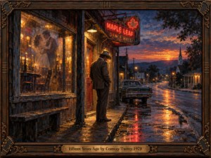 A solitary cowboy stands outside a weathered dance hall at twilight, haunted by memories of a young couple dancing behind glowing windows. Amber neon illuminates rain-soaked streets beneath a crimson and violet sunset. Rich oil brushwork, vintage automobiles, and an ornate guitar-inspired wooden frame evoke bittersweet nostalgia and lost love.