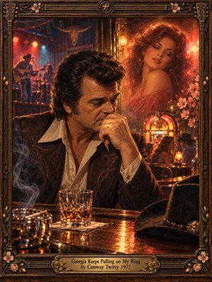A pensive man rests his ringed hand against his face in a smoky honky-tonk, whiskey and a cowboy hat nearby. A luminous red-haired woman appears behind him as distant musicians play. Warm amber and crimson lighting heighten the romantic tension of this detailed oil painting, enclosed in an ornate guitar-themed wooden frame.