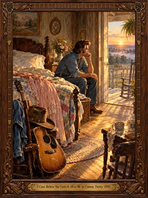 An introspective man in denim sits beside an unmade bed, facing sunrise through a farmhouse doorway. A guitar, cowboy hat, wildflowers, and steaming mugs suggest tender companionship. Golden light sweeps across patchwork quilts and weathered floorboards in a richly detailed oil painting, framed by carved wood and engraved brass.