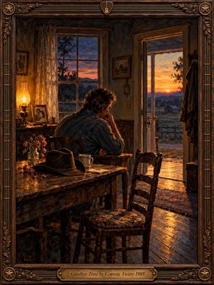 A solitary man sits hunched at a weathered farmhouse table, gazing toward an open doorway and a glowing sunset. An empty chair, wilted roses, and a faded photograph evoke heartbreak and absence. Expressive oil brushstrokes blend amber lamplight with violet dusk, while a carved wooden frame and engraved brass plate complete the scene.