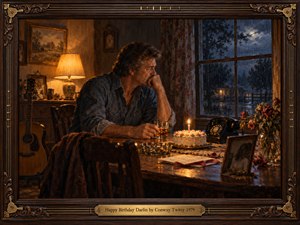 A pensive man sits beside a candlelit birthday cake, gazing through a rain-streaked window. A rotary telephone, wilted roses, an old photograph, and a guitar evoke love and absence. Warm amber lamplight meets cool midnight blue in this nostalgic, richly detailed oil painting, enclosed by ornate walnut and brass.