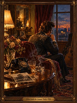 A solitary man in an embroidered suit sits beside a rotary telephone, fading roses, and whiskey, gazing toward a distant motel at dusk. Warm amber lamplight contrasts with cool blue twilight, creating an atmosphere of longing and regret. Rich oil brushwork and an ornate guitar-inspired wooden frame evoke nostalgic country elegance.