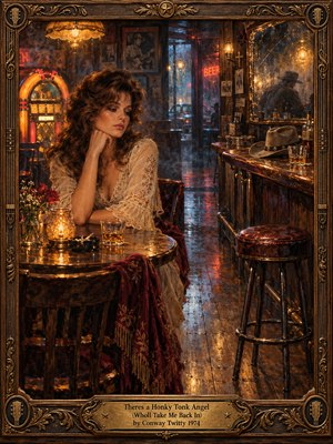 A wistful woman in a cream lace blouse sits beside a candlelit table in a smoky 1970s honky-tonk. Amber lamps, red neon, and a glowing jukebox reflect across worn floorboards. An empty stool and abandoned cowboy hat suggest longing. Rich oil-painted textures glow within an ornate carved wooden and brass frame.