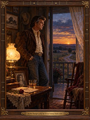 A solitary country gentleman stands beside an open doorway, watching a winding rural road fade into sunset. Warm lamplight illuminates a womans photograph, rose, and empty chair, suggesting enduring devotion. Rich amber and twilight blue oil brushwork creates tender melancholy, enclosed by carved walnut, brass musical detailing, and an engraved title plate.