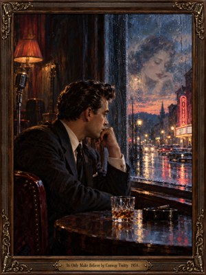 A solitary man in a dark suit sits beside a rain-streaked window, haunted by a womans ghostly reflection. Amber lamplight warms the dim 1950s lounge while blue twilight and crimson neon shimmer across wet streets. Rich oil brushwork, a vintage microphone, and an ornate bronze-trimmed frame heighten the romantic melancholy.