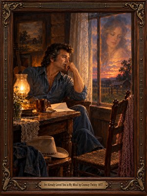 A contemplative man sits beside a lamplit farmhouse window, imagining a womans ethereal presence against a glowing countryside sunset. Rich amber, rustic brown, and dusky rose tones evoke romantic longing. This detailed oil painting features handwritten letters, an empty chair, delicate lace, and an ornate walnut frame with engraved brass accents.