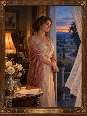A wistful woman in a cream lace dress and rose shawl gazes across a twilight countryside from a warmly lit parlor. White roses, a handwritten letter, and an empty rocking chair evoke tender memories. Amber lamplight meets violet-blue dusk in this richly textured oil painting, enclosed by an ornate wooden frame.