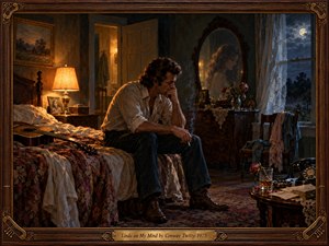 A weary man sits on a rumpled bed, cigarette smoke drifting toward a womans haunting reflection. Warm amber lamplight contrasts with cool moonlight through lace curtains. A guitar, wilted roses, whiskey, and vintage telephone evoke longing and regret. Rich oil-painted textures fill the nostalgic bedroom, enclosed by ornate walnut framing.