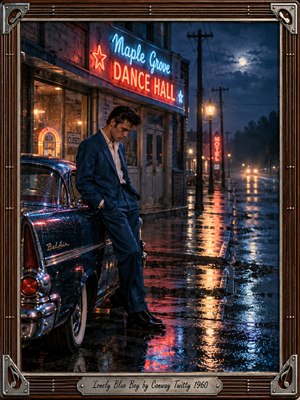 A lonely young man in a blue suit leans against a rain-speckled vintage car outside a closed dance hall. Red and cyan neon ripple across wet pavement beneath a cloudy moonlit sky. Cinematic 1950s photography captures his downcast gaze, deserted street, distant headlights, and ornate chrome-and-wood musical frame.