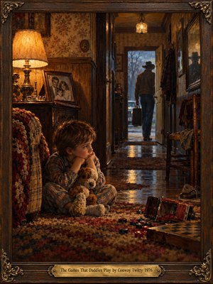A lonely young boy clutches a stuffed dog inside a dim 1970s home as his father departs through an open doorway. Scattered game pieces symbolize fractured innocence. Warm amber lamplight contrasts with cold blue dusk. Rich oil brushwork, nostalgic furnishings, and an ornate walnut frame deepen the heartbreaking atmosphere.