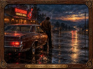 A solitary man stands beside a rain-soaked vintage car outside a glowing country dance hall, watching distant taillights fade into twilight. Crimson neon and golden reflections shimmer across wet pavement beside a fallen corsage. Rich oil brushwork, stormy blue skies, and an ornate carved wooden frame evoke heartbreak and nostalgia.