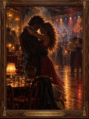 A couple sways close in a smoky country dance hall, surrounded by glowing amber lamps and blurred dancers. Burgundy fabric, golden floor reflections, and a distant live band evoke tender nostalgia. Rich oil brushstrokes soften the intimate scene, while carved walnut, guitar motifs, and an engraved brass plate complete the frame.