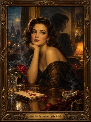 A mysterious woman in a black lace gown rests her chin on her hand in a lamplit 1950s parlor. Moonlit streets, a shadowed reflection, scattered rose petals, letters, and drifting smoke surround her. Rich amber, burgundy, and midnight blue oil brushwork conveys wistful elegance within an ornate gilded frame.
