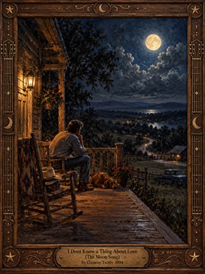 A solitary man sits thoughtfully on a rustic country porch beneath a luminous full moon, overlooking winding roads and distant valley lights. Warm amber lamplight contrasts with deep blue night skies, creating quiet longing. Rich oil brushstrokes, a resting dog, vintage truck, and ornate wooden guitar-themed frame enhance the nostalgic atmosphere.