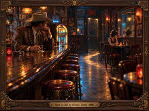 A lonely cowboy watches a sorrowful woman across a dimly lit 1960s honky-tonk. Warm amber lamps, blue jukebox reflections, and curling cigarette smoke illuminate polished wood and empty stools. Rich oil painting textures capture longing and quiet devotion, enclosed within an ornate carved walnut frame with brass musical embellishments.