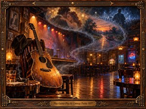 A weathered acoustic guitar rests in a deserted honky-tonk, where amber lanterns and blue neon shimmer across polished floorboards. Wisps of smoke curl toward ghostly memories of lovers dancing, a country road, and a lone performer. Rich oil-painted textures and an ornate carved wooden frame deepen the wistful atmosphere.