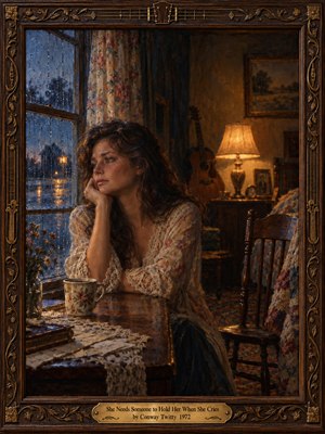 A wistful woman sits beside a rain-streaked window in a quiet country home, her face resting thoughtfully in one hand. Cool blue twilight contrasts with warm amber lamplight, illuminating floral lace, a porcelain cup, an empty chair, and a distant guitar. Rich oil textures and ornate carved walnut framing deepen the tender melancholy.