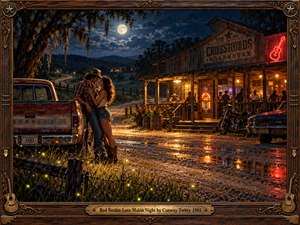 A romantic couple embraces beside a vintage pickup outside a rustic country roadhouse beneath a glowing full moon. Golden porch lights, red neon, and shimmering puddles illuminate the midnight landscape. Fireflies dance through tall grass, while richly textured oil painting and an ornate carved wooden frame evoke nostalgic Southern passion.