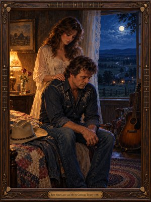 Inside a rustic bedroom, a weary cowboy sits beneath a womans comforting touch, surrounded by a quilt, guitar, and fading roses. Amber lamplight warms their quiet sorrow while blue moonlight illuminates distant countryside. Rich oil-painted textures, tender expressions, and an ornate carved wooden frame create an intimate, nostalgic atmosphere.