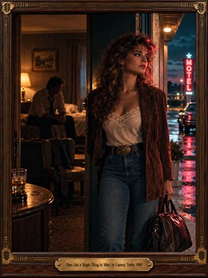 A determined woman carrying a leather bag stands in a motel doorway while a heartbroken man sits in shadow behind her. Warm amber lamplight contrasts with red neon reflections on rain-soaked pavement. Cinematic 1980s photography captures quiet heartbreak through dramatic lighting, rich textures, and an ornate wood-and-brass musical frame.