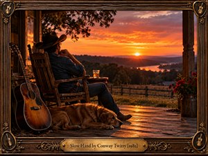 A thoughtful cowboy rests with his guitar on a weathered farmhouse porch, watching a brilliant orange sunset beyond rolling hills. A glowing lantern, whiskey glass, and vintage pickup evoke quiet nostalgia. Warm cinematic lighting, rich amber shadows, and realistic textures complement an ornate wooden musical frame and engraved brass title plate.
