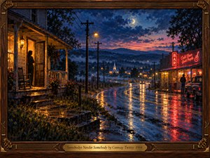 A nostalgic oil painting captures two lonely figures separated by a rain-soaked country road at twilight. Amber porch lights and crimson neon reflect across wet pavement beneath a dramatic indigo sky. Distant hills, a glowing church, and telephone poles deepen the wistful atmosphere, framed in carved walnut with brass musical accents.