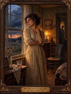 A weary woman in a cream lace dress stands beside a farmhouse window, gazing across stormy twilight fields. Warm amber lamplight contrasts with cool blue shadows, illuminating wilted flowers, an empty chair, and a distant male silhouette. Rich oil painting textures and an ornate wooden frame evoke heartbreak, loneliness, and endurance.