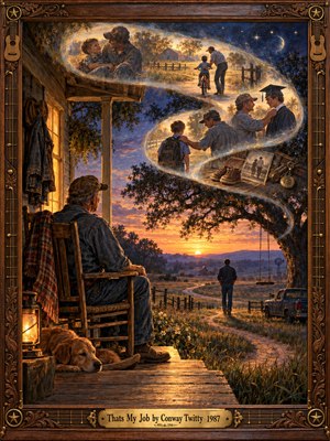 An aging father sits on a weathered farmhouse porch, watching his grown son walk toward a glowing rural sunset. Above them, luminous S-shaped memories trace childhood, guidance, and graduation. Warm amber light meets violet dusk in richly textured oil painting, surrounded by an ornate carved wooden frame with brass musical accents.