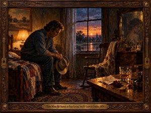 A weary man sits hunched on a patchwork bed, holding his cowboy hat in a dim country room. Rain streaks a sunset window while an empty chair, fading womans reflection, wilted rose, and forgotten letter evoke heartbreak. Warm amber lamplight contrasts with cool blue dusk in a richly textured oil painting framed by ornate carved wood.