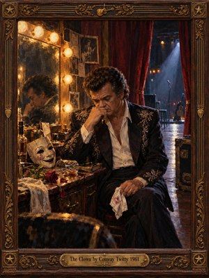 An exhausted country singer sits alone in a backstage dressing room, his reflection framed by amber vanity lights. A cracked clown mask, wilted rose, and overturned glass evoke heartbreak, while crimson curtains reveal a deserted blue-lit stage. Rich oil brushwork, deep shadows, and an ornate carved frame heighten the melancholy.