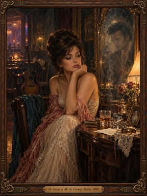 A wistful woman in an ivory lace dress sits beside a cluttered vanity in a dim 1960s lounge. A ghostly mans reflection haunts the mirror as amber lamplight illuminates roses, whiskey, and curling smoke. Rich brown and dusty rose oil brushwork enhances the melancholy, enclosed by ornate walnut and brass framing.