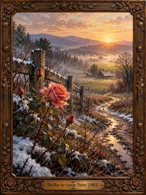 A luminous pink rose blooms beside a snow-dusted wooden fence as a winding country lane leads toward distant barns and misty hills. Golden sunrise warms the cold landscape, suggesting hope and renewal. Rich oil-painted textures, delicate shadows, and an ornate carved wooden frame with brass accents complete the nostalgic scene.