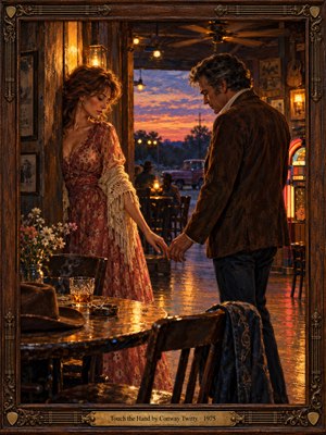 A richly textured oil painting captures a tender moment between two lovers in a rustic 1970s honky-tonk. Their fingertips nearly meet beneath warm amber lanterns, while a violet sunset glows beyond the doorway. Weathered furniture, whiskey, and a luminous jukebox deepen the nostalgic atmosphere, enclosed within an ornate walnut and brass frame.
