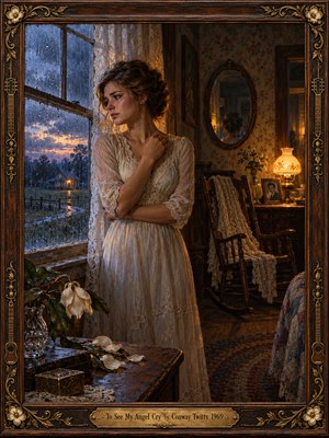 A sorrowful woman in a cream lace dress stands beside a rain-streaked window, gazing across a rural landscape at dusk. Cool blue twilight contrasts with warm amber lamplight. Wilted magnolias, an empty rocking chair, and vintage furnishings deepen the melancholy. Rich oil painting textures and an ornate wooden frame evoke nostalgic heartbreak.