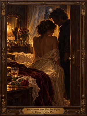 Within an ornate walnut and brass frame, a woman in ivory lace leans toward a shadowed man beside a rumpled bed. Amber lamplight illuminates burgundy velvet, a red rose, and crystal glass, while moonlight filters through sheer curtains. Richly textured oil painting captures tender vulnerability, romantic anticipation, and intimate hesitation.