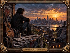 A solitary man sits on a weathered rooftop beside an acoustic guitar, gazing toward a glowing city skyline at sunset. Warm amber light cuts through stormy blue-gray clouds, balancing hope and melancholy. Rich painterly textures, scattered notebooks and photographs, brickwork, and an ornate crow-and-guitar frame create an intimate, reflective atmosphere.