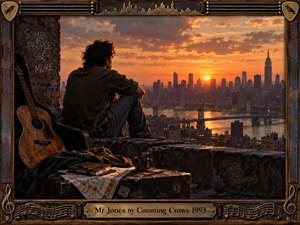 A solitary man sits on a rooftop beside a weathered acoustic guitar, gazing toward a glowing city skyline at sunset. Warm amber light, smoky clouds, worn luggage, notebooks, and handwritten wall messages create a wistful, restless mood. The cinematic realism, gritty textures, and ornate music-themed frame suggest ambition, memory, loneliness, and fragile hope.