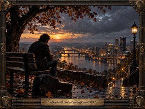 A solitary man sits beside a guitar case on a rain-darkened overlook above a glowing river city at sunset. Autumn leaves, wet stone, bridges, and storm clouds deepen the reflective mood. Warm amber lights contrast with cool gray skies, framed by ornate weathered metal and wood musical details.